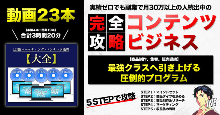 コンテンツ販売ビジネス【完全攻略】強制的に最強クラスへ引き上げる！実績ゼロでも副業で月30万円以上続出中の圧倒的プログラム